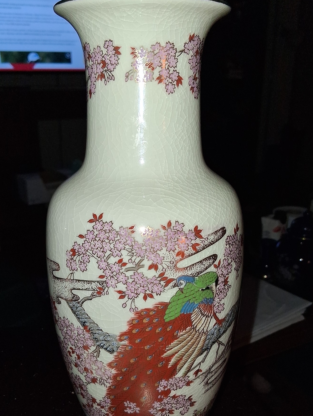 Vintage Japanese Cream Porcelain Peacock & Floral Vase 10. Inch